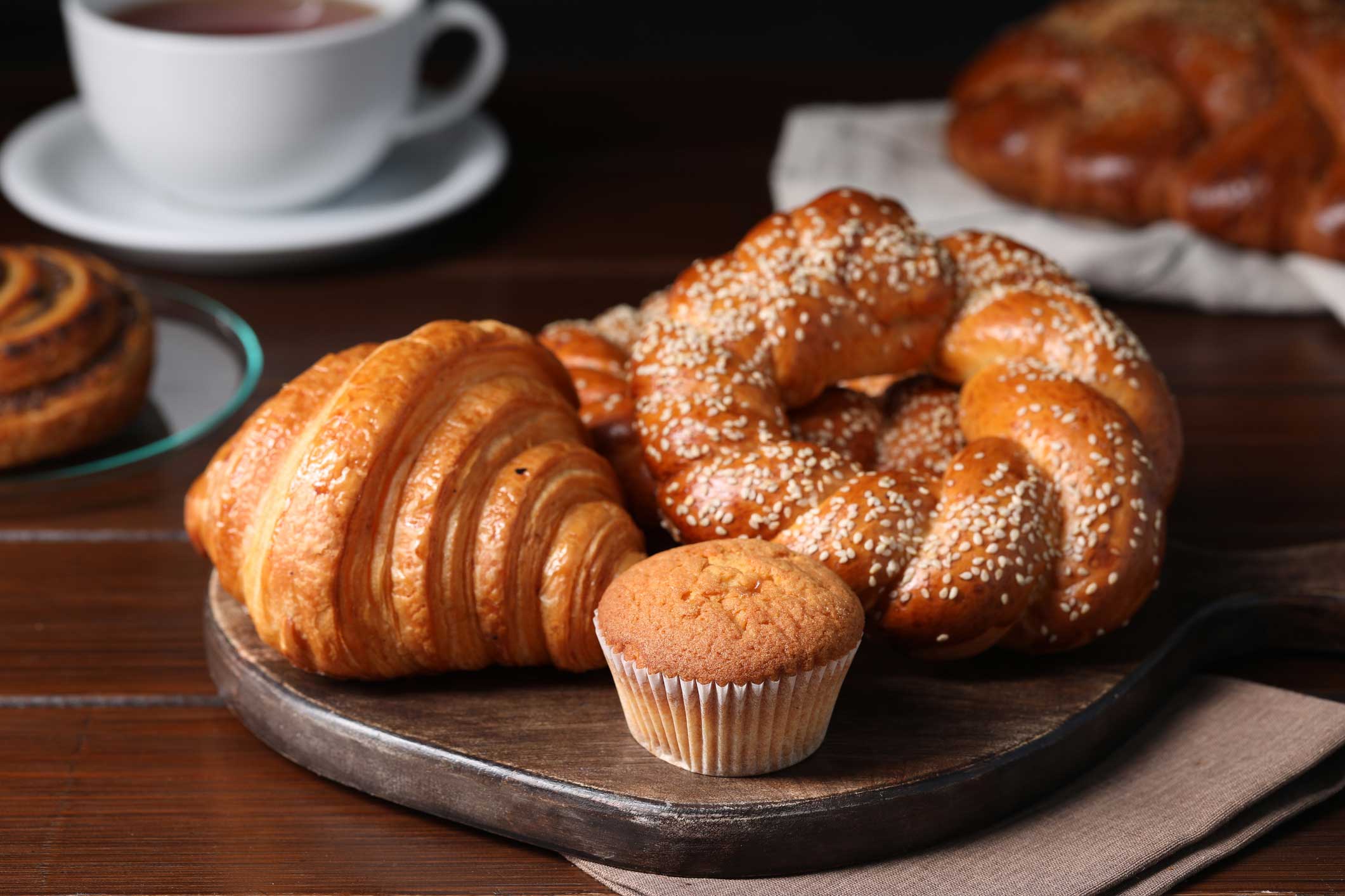 Croissants and a muffin and coffee