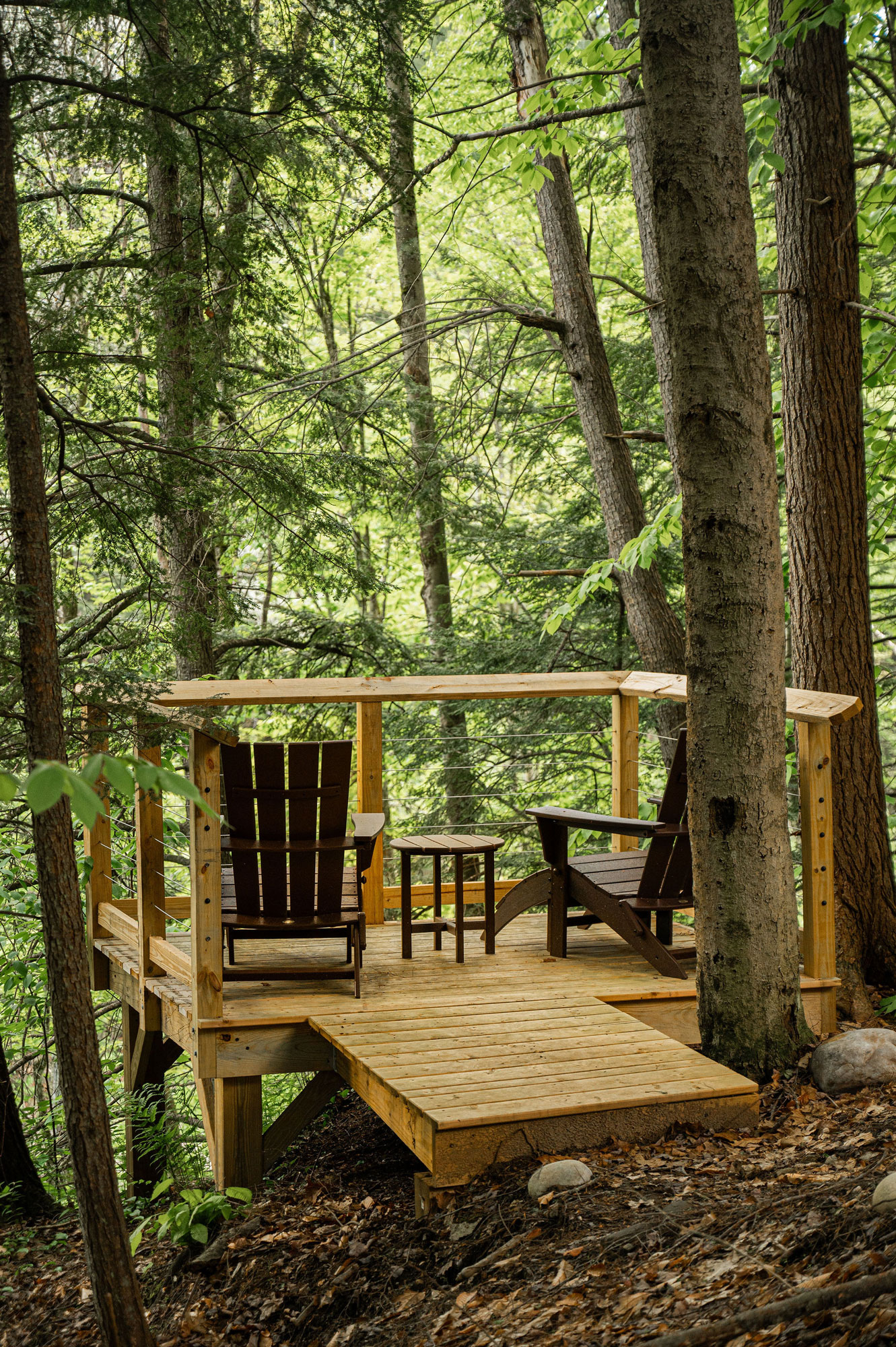 The Cobble House overlook The overlook platform in springtime with two Adirondack chairs, surrounded by bright green foliage.
