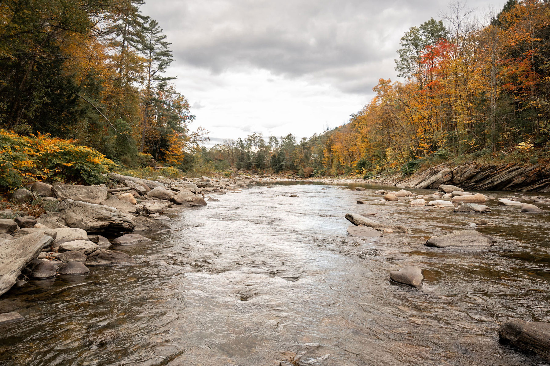 The Cobble House fly fishing reach along the White River in the autumn.